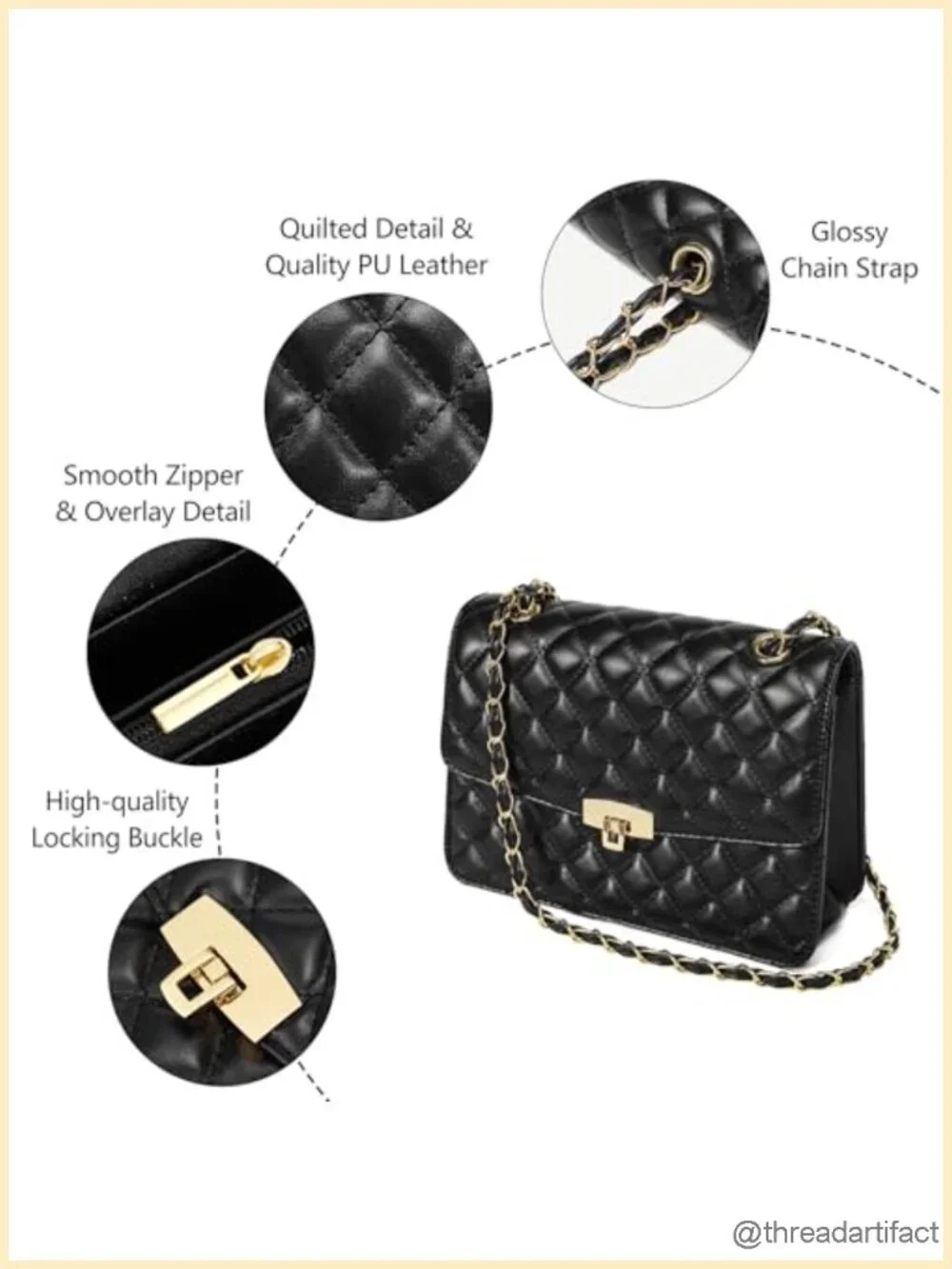 Quilted Vegan Leather Crossbody Bag with Chain Strap